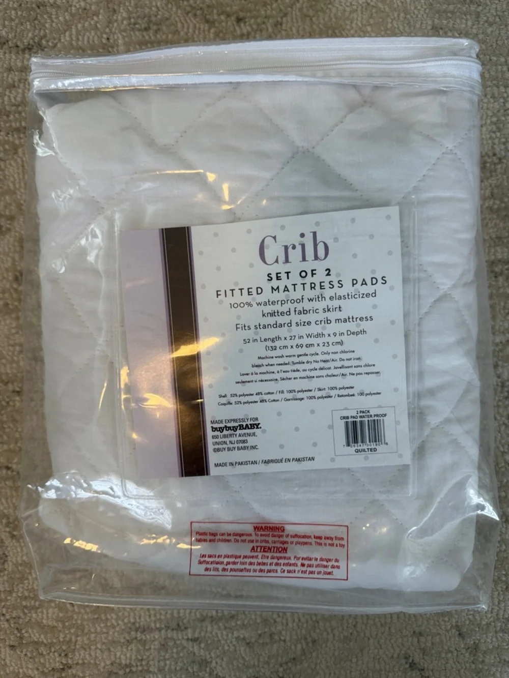 White Quilted Waterproof Crib Fitted Mattress Pads - note - only includes 1